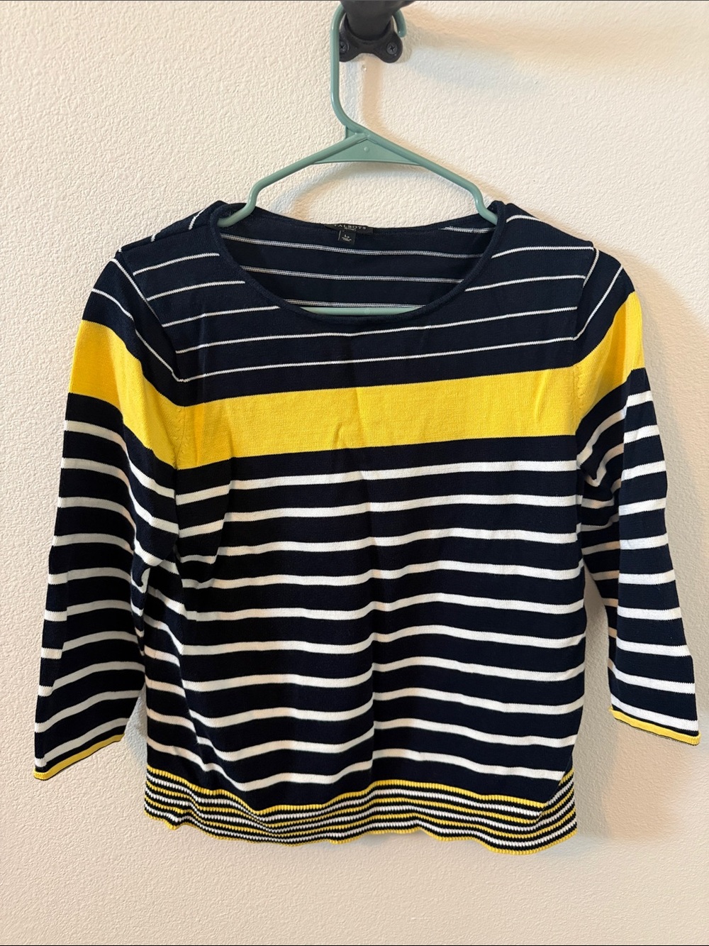 Talbots Striped Navy, White & Yellow Long Sleeve knit top